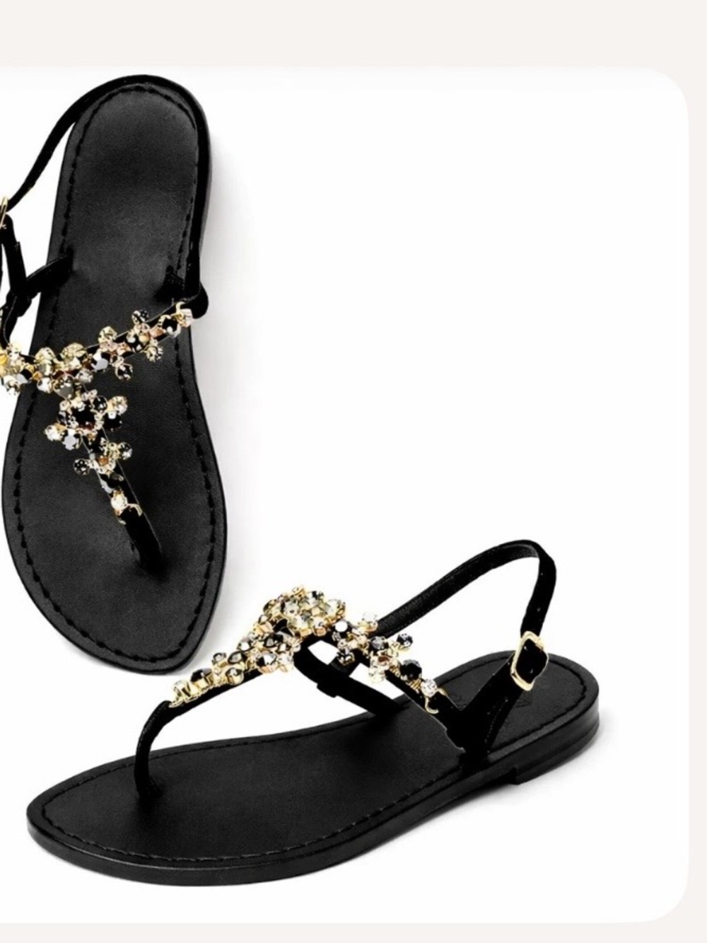 Jeweled Hand Made Sandals with Gold tone Accents Size 38 USA 7.5-8 BLK LIKE NEW